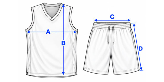 Size measurement guide: A chest width, B shirt length, C shorts waist width, D shorts length