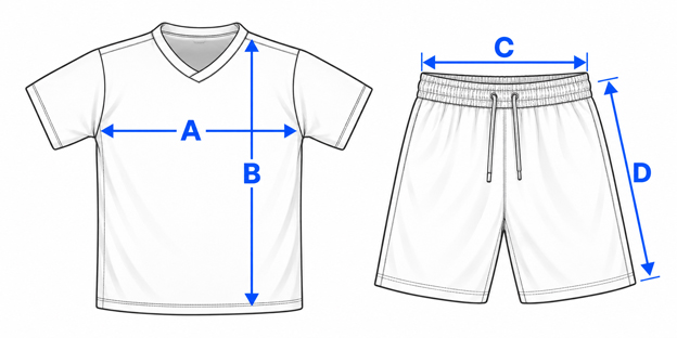 Size measurement guide: A chest width, B shirt length, C shorts waist width, D shorts length